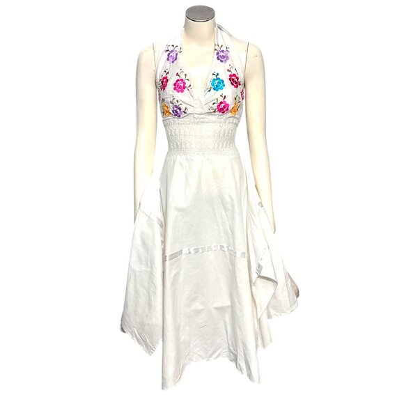 CCC Handmade White Halter Embroidered Floral Dress Asymmetrical Hi Lo Hem Trendy - Picture 10 of 12